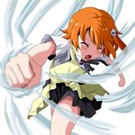 anime_coloring apron blush clenched_hand closed_eyes commentary_request hair_ornament hairpin inami_mahiru m_(milk0824) motion_blur motion_lines open_mouth orange_hair pleated_skirt short_hair skirt solo uniform waitress white_background working!! 