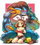  bike_shorts blush bra haruka_(pokemon) haruka_(pokemon)_(remake) highres kenron_toqueen mega_pokemon mega_swampert pokemon pokemon_(game) pokemon_oras shirtless stomach strap_slip swampert underwear 