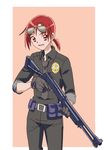  1girl :d bad_id bad_pixiv_id beige_background belt belt_buckle belt_pouch benelli_m1014 black_gloves black_neckwear brown_gloves buckle cowboy_shot emblem eyewear_on_head gloves gun highres hino_akane_(smile_precure!) holding holding_weapon looking_at_viewer los_angeles_police_department necktie open_mouth pocket police pouch precure red_eyes red_hair short_hair shotgun simple_background smile smile_precure! solo standing sunglasses trigger_discipline uniform weapon wing_collar 