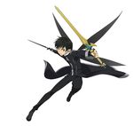  black_eyes black_hair dual_wielding full_body highres holding holding_sword holding_weapon kirito kirito_(sao-alo) male_focus official_art pointy_ears simple_background solo sword sword_art_online sword_art_online:_code_register weapon white_background wings 