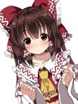  ascot benjamin_button_suukina_jinsei blurry blush bow brown_hair clenched_hands collarbone cookie_(touhou) depth_of_field detached_sleeves dutch_angle eyebrows eyebrows_visible_through_hair frilled_bow frilled_shirt_collar frills hair_bow hair_tubes hakurei_reimu highres kanna_(cookie) long_hair long_sleeves looking_at_viewer red_bow red_eyes red_ribbon red_vest ribbon ribbon-trimmed_sleeves ribbon_trim sidelocks simple_background smile solo tareme touhou upper_body vest white_background 