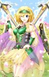  ;d acacia_(flower_knight_girl) armor armored_dress blonde_hair cape choker circlet cowboy_shot flower_knight_girl green_armor hand_on_hip highres looking_at_viewer one_eye_closed open_mouth petals purple_eyes short_hair skirt smile solo sword tksmk3custom weapon yellow_skirt 