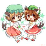  :3 animal_ears brown_eyes brown_hair cat_ears cat_tail chen closed_mouth clover collaboration commentary_request fang four-leaf_clover green_hat hat heart ibaraki_natou jewelry letter long_sleeves love_letter mob_cap multiple_girls multiple_tails nekomata pila-pela short_hair short_sleeves single_earring tail touhou two_tails white_background 