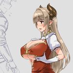  alicia_(granblue_fantasy) blush breast_lift breast_suppress breasts center_opening cleavage draph earrings from_side gloves gran_(granblue_fantasy) granblue_fantasy horns huge_breasts jewelry pointy_ears red_eyes solo_focus white_gloves zaxwu 