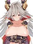  absurdres blush breasts covering covering_breasts draph embarrassed frown granblue_fantasy hair_between_eyes highres horns huge_breasts jewelry long_hair okita_ababa red_eyes solo thalatha_(granblue_fantasy) 