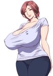  breasts brown_hair bursting_breasts cleavage curvy erect_nipples huge_breasts lips looking_at_viewer milf naughty_face original tatsunami_youtoku taut_clothes taut_shirt wide_hips 