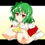  areolae blush breast_hold breasts breasts_outside cum cum_in_mouth cum_on_breasts facial green_hair grin kazami_yuuka large_breasts mugen_panda nipples red_eyes smile solo touhou tsushima_aki upper_body 