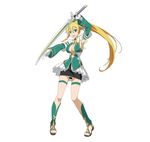  armpits blonde_hair breasts cleavage full_body gloves greaves green_eyes highres holding holding_sword holding_weapon leafa long_hair medium_breasts official_art open_mouth ponytail sandals simple_background solo sword sword_art_online sword_art_online:_code_register weapon white_background white_gloves 