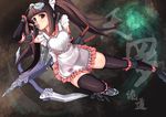 absurdres akimbo apron black_socks boots bow_(weapon) brown_eyes brown_hair elbow_gloves highres inscription kimochi_(artist) knife long_hair looking_at_viewer ninja original shou_mai solo sword thighhighs twintails weapon zettai_ryouiki 