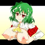  areolae breast_hold breasts breasts_outside cum cum_on_breasts facial green_hair grin kazami_yuuka large_breasts mugen_panda nipples red_eyes smile solo touhou tsushima_aki upper_body 