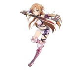  asuna_(sao) black_gloves boots brown_eyes brown_hair company_connection cosplay full_body gloves half_updo highres holding holding_sword holding_weapon long_hair long_legs looking_at_viewer milla_maxwell milla_maxwell_(cosplay) navel official_art pink_skirt simple_background skirt smile solo sword sword_art_online sword_art_online:_code_register tales_of_(series) tales_of_xillia thigh_boots thighhighs weapon white_background 