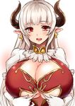  :d alicia_(granblue_fantasy) blush breasts center_opening cleavage cross cross_earrings draph dress earrings eyebrows_visible_through_hair gloves granblue_fantasy horns huge_breasts jewelry kurokawa_otogi long_hair looking_at_viewer mature open_mouth paizuri_invitation pointy_ears red_dress red_eyes silver_hair smile solo white_gloves 