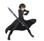  black_eyes black_gloves black_hair fingerless_gloves full_body gloves highres holding holding_sword holding_weapon kirito looking_at_viewer male_focus official_art simple_background smile solo sword sword_art_online sword_art_online:_code_register weapon white_background 