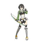  belt black_eyes black_gloves black_hair black_legwear black_shorts boots bow_(weapon) breasts cleavage fingerless_gloves full_body gloves highres holding holding_weapon looking_at_viewer medium_breasts official_art shinon_(sao:hf) short_hair shorts simple_background sinon smile solo sword_art_online sword_art_online:_code_register thighhighs weapon white_background 