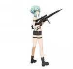  ass bipod black_shorts blue_eyes blue_hair collar full_body gun hair_ornament highres holding holding_gun holding_weapon looking_at_viewer looking_back official_art rifle scope short_hair short_shorts shorts simple_background sinon sniper_rifle solo sword_art_online sword_art_online:_code_register trigger_discipline weapon white_background 