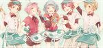  apron bad_id bad_pixiv_id blue_hair bow bowtie brown_hair cowboy_shot ensemble_stars! fingerless_gloves french gloves himemiya_touri hiruri licking_lips looking_at_viewer male_focus mashiro_tomoya multiple_boys one_eye_closed open_mouth pink_hair red_hair shino_hajime sidelocks smile suou_tsukasa tenma_mitsuru tongue tongue_out visor_cap waist_apron 