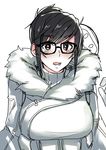  absurdres ahem!_(artist) black_hair blush glasses hair_bun highres hood looking_at_viewer mei_(overwatch) open_mouth overwatch solo upper_body white_background 