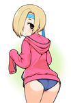  ass blonde_hair blush brown_eyes buruma ear_piercing hair_over_one_eye hood hood_down hoodie idolmaster idolmaster_cinderella_girls looking_at_viewer looking_back moru_(monaka) piercing shirasaka_koume simple_background sleeves_past_fingers sleeves_past_wrists solo 