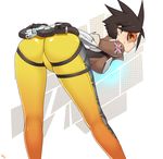  ass bent_over blush bodysuit breasts brown_hair cameltoe dual_wielding from_behind gloves goggles gun kuroonehalf large_breasts leaning leaning_forward looking_at_viewer overwatch piercing shiny shiny_clothes short_hair sideboob smile solo tracer_(overwatch) weapon 