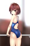  ass barre brown_eyes brown_hair competition_swimsuit from_behind koutetsujou_no_kabaneri mumei_(kabaneri) one-piece_swimsuit shima-shuu short_hair solo standing swimsuit 