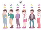  :&lt; :3 arms_behind_back belt bowl_cut brothers brown_hair clothes_around_waist cosplay costume_switch denim hand_in_pocket hands_in_pockets hat heart heart_in_mouth jacket jeans jumpsuit leather leather_jacket lineup long_sleeves looking_down male_focus matsuno_choromatsu matsuno_choromatsu_(cosplay) matsuno_ichimatsu matsuno_ichimatsu_(cosplay) matsuno_juushimatsu matsuno_juushimatsu_(cosplay) matsuno_karamatsu matsuno_karamatsu_(cosplay) matsuno_osomatsu matsuno_osomatsu_(cosplay) matsuno_todomatsu matsuno_todomatsu_(cosplay) messy_hair multiple_boys necktie osomatsu-kun osomatsu-san overalls pants pink_neckwear pink_shorts plaid plaid_shirt porkpie_hat pose saju sandals sextuplets shirt shorts siblings sleeves_rolled_up smile sunglasses sweatshirt tied_sleeves 
