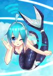  ahoge ange_vierge blue_eyes blue_hair breasts cleavage commentary_request hexagon highres hologram long_hair looking_at_viewer medium_breasts mermaid mermaid_costume monster_girl one_eye_closed open_mouth original science_fiction smile solo teiminfinity 