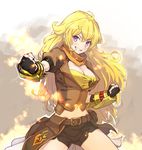  ahoge blonde_hair breasts brown_jacket cleavage denchuubou ember_celica_(rwby) grin gun jacket large_breasts long_hair midriff orange_scarf puffy_short_sleeves puffy_sleeves purple_eyes rwby scarf shell_casing shirt short_sleeves shotgun smile solo strapless tubetop vambraces wavy_hair weapon yang_xiao_long yellow_shirt 