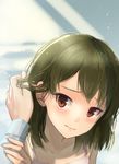  adjusting_hair blurry blush brown_eyes brown_hair close-up collarbone depth_of_field face green_hair hand_in_another's_hair hinoshita_akame idolmaster idolmaster_million_live! light_particles looking_at_viewer nagayoshi_subaru nervous portrait pov red_eyes short_hair solo_focus worried 