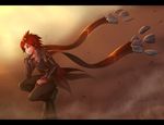  cape commentary green_eyes highres league_of_legends oldlim red_hair sand short_hair solo squatting stone taliyah wind 