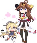  blonde_hair boots brown_hair double_bun hairband headgear height_difference iowa_(kantai_collection) kantai_collection kongou_(kantai_collection) long_hair miniskirt multiple_girls nontraditional_miko purple_eyes ribbon-trimmed_sleeves ribbon_trim skirt thigh_boots thighhighs tsukko_(3ki2ne10) younger 