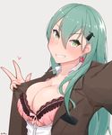  blush bra breasts brown_jacket buttons cleavage collared_shirt earrings eyebrows eyebrows_visible_through_hair fingernails green_eyes green_hair grey_background grin hair_between_eyes hair_ornament hairclip hand_gesture head_tilt heart heart-shaped_lock heart_earrings heart_lock_(kantai_collection) highres jacket jewelry kantai_collection large_breasts lock lock_earrings long_hair long_sleeves miyano_yuki open_clothes open_jacket open_shirt outstretched_arm pink_bra reaching_out self_shot shirt signature simple_background smile solo suzuya_(kantai_collection) teeth tsurime underwear upper_body v white_shirt wing_collar 
