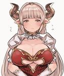  alicia_(granblue_fantasy) breasts center_opening demon_horns draph dress earrings flying_sweatdrops frown gloves granblue_fantasy horns jewelry large_breasts pointy_ears solo toi_(toiot) upper_body 