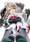  boots breasts brown_eyes cannon eyebrows goji_(8jikan_roudou) headgear highres kantai_collection knee_boots large_breasts long_hair long_sleeves looking_at_viewer machinery miniskirt pola_(kantai_collection) skirt smile solo thighhighs turret wavy_hair white_legwear 