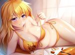  bare_shoulders bed_sheet bikini blonde_hair blush bow breasts cleavage collarbone curtains deviantart_sample eyebrows eyebrows_visible_through_hair guardian-panda hair_between_eyes image_sample large_breasts long_hair looking_at_viewer lying midriff navel off_shoulder on_side pulled_by_self purple_eyes rwby smile solo stomach strap_pull swimsuit yang_xiao_long yellow_bikini yellow_bow 