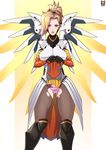  blonde_hair blue_eyes boots headgear high_ponytail highres knee_boots kyoffie12 lipstick loincloth_lift looking_at_viewer makeup mechanical_wings mercy_(overwatch) overwatch panties pantyhose pink_panties solo spread_wings torn_clothes torn_legwear underwear wings yellow_wings 