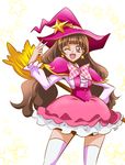  ;d absurdres amanogawa_kirara arudebido bad_hands bow broom brown_hair cosplay cowboy_shot earrings go!_princess_precure hat highres jewelry long_hair looking_at_viewer magic_school_uniform mahou_girls_precure! one_eye_closed open_mouth pink_hat pink_skirt plaid plaid_bow precure purple_eyes skirt smile solo standing star star_earrings thighhighs twintails white_legwear witch_hat 