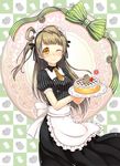  ;) apron bangs blunt_bangs brown_hair cake commentary e_neko food fruit highres long_hair looking_at_viewer love_live! love_live!_school_idol_project maid maid_apron maid_headdress minami_kotori minami_kotori_(bird) necktie one_eye_closed one_side_up short_necktie smile solo strawberry striped vertical_stripes waist_apron yellow_eyes 