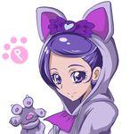  animal_hood arudebido cat_hood cosplay davi_(dokidoki!_precure) davi_(dokidoki!_precure)_(cosplay) dokidoki!_precure gloves highres hood kenzaki_makoto looking_at_viewer paw_gloves paws precure purple purple_eyes purple_hair short_hair smile solo upper_body white_background 