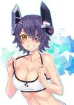  bikini breasts cleavage e_neko eyepatch grin headgear highres kantai_collection large_breasts looking_at_viewer purple_hair short_hair smile solo swimsuit tenryuu_(kantai_collection) yellow_eyes 