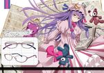  bandages bespectacled blue_bow blue_ribbon book bow capelet crescent crescent_hair_ornament dress expressionless glasses hair_bow hair_ornament hat hat_ribbon long_hair long_sleeves looking_at_viewer mob_cap nabeshima_tetsuhiro patchouli_knowledge purple_eyes purple_hair red_bow red_ribbon ribbon sidelocks solo striped striped_dress stuffed_animal stuffed_toy teddy_bear touhou vertical_stripes very_long_hair 