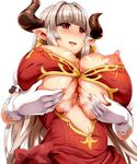  after_paizuri alicia_(granblue_fantasy) blush breasts center_opening draph dress earrings gloves grabbing granblue_fantasy heavy_breathing highres horns jewelry lactation large_breasts long_hair looking_at_viewer nipples open_mouth paizuri_invitation pointy_ears red_eyes silver_hair simple_background smile solo umakatsuhai upper_body very_long_hair white_gloves 