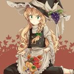  ankle_socks apple apron apron_lift autumn_leaves berries black_dress blonde_hair bow braid chestnut dress eyebrows food frilled_dress frilled_hat frilled_sleeves frills fruit grapes green_eyes green_ribbon hat hat_bow juliet_sleeves kirisame_marisa long_hair long_sleeves mushroom persimmon puffy_sleeves ribbon sakana-ko side_braid single_braid sitting skirt_basket solo touhou waist_apron wariza wavy_hair wide_sleeves witch_hat 