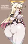  artist_name ass bangs belt black_gloves bodysuit breasts buckle candy cowboy_shot curvy eyebrows eyebrows_visible_through_hair from_behind gloves guilty_gear guilty_gear_xrd guilty_gear_xrd:_revelator hair_between_eyes halo highres hips hiromin huge_ass jack-o_(guilty_gear) large_breasts lens_flare lollipop long_hair long_sleeves looking_at_viewer looking_back mouth_hold multicolored_hair pantylines red_eyes red_hair simple_background skin_tight solo sparkle twitter_username two-tone_hair watermark web_address wide_hips 