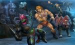  battle battle_cat blonde_hair boots castle castle_grayskull chris-akira cyborg damaged electricity fantasy he-man helmet hood hook mace man-at-arms masters_of_the_universe multiple_boys punching ram_man science_fiction screw shouting skeletor skull spike staff trap-jaw weapon wrist_guards 