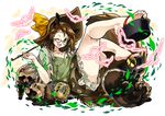  ;d animal_ears brown_eyes brown_hair collarbone commentary_request full_body futatsuiwa_mamizou glasses gourd hat hat_ribbon holding holding_pipe izuna_nie kiseru leaf leaf_on_head looking_at_viewer one_eye_closed open_mouth pipe raccoon_ears raccoon_tail ribbon short_hair smile solo tail tanuki touhou white_background 