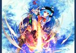  bad_id bad_pixiv_id blue_hair blue_sky boots cibo_(killy) cloud flaming_sword food fruit hat hinanawi_tenshi long_hair looking_at_viewer peach puffy_short_sleeves puffy_sleeves red_eyes shirt short_sleeves skirt sky smile solo sword_of_hisou touhou very_long_hair 