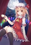  ascot bangs black_legwear blonde_hair blush cup curtains dutch_angle fang_out flandre_scarlet frilled_shirt_collar frilled_sleeves frills full_moon hat hat_ribbon highres holding holding_cup kashiwagi_yamine kneehighs knees_together_feet_apart mob_cap moon night night_sky petticoat puffy_short_sleeves puffy_sleeves red_eyes red_ribbon ribbon short_sleeves side_ponytail sitting skirt skirt_set sky smile solo star_(sky) starry_sky teacup touhou wings 