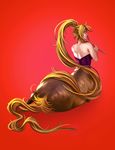  absurdly_long_hair amano-g animal_ears ass bare_shoulders blonde_hair blue_eyes bottomless centaur centorea_shianus corset from_behind high_ponytail highres horse_ears horse_tail lips long_hair looking_back lying monster_girl monster_musume_no_iru_nichijou on_side pointy_ears ponytail red_background riding_crop solo tail very_long_hair 