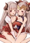  :d alicia_(granblue_fantasy) aliza_(granblue_fantasy) asymmetrical_docking breast_press breasts cleavage draph gloves granblue_fantasy hair_pulled_back horns large_breasts long_hair looking_at_viewer mother_and_daughter multiple_girls muraiaria open_mouth pointy_ears red_eyes silver_hair simple_background sketch smile white_background white_gloves 