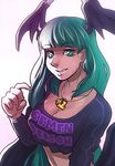  amano-g breasts casual cleavage clothes_writing crop_top crop_top_overhang demon_girl green_eyes green_hair grin head_wings jewelry large_breasts long_hair low_wings midriff morrigan_aensland necklace nose pointing pointing_at_self purple_wings smile solo succubus upper_body vampire_(game) wings 